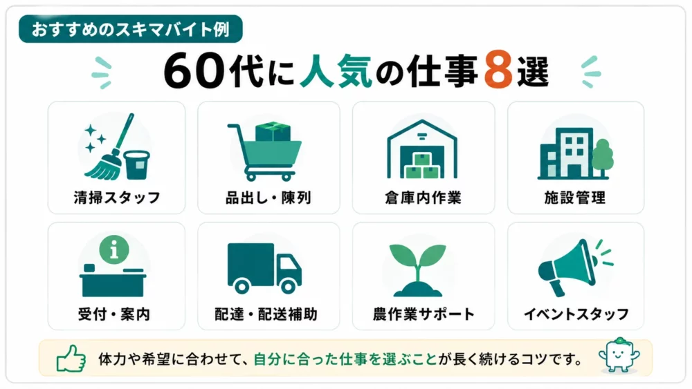 清掃スタッフ、品出し・陳列、倉庫内作業、施設管理、受付・案内、配達・配送補助、農作業サポート、イベントスタッフの8職種