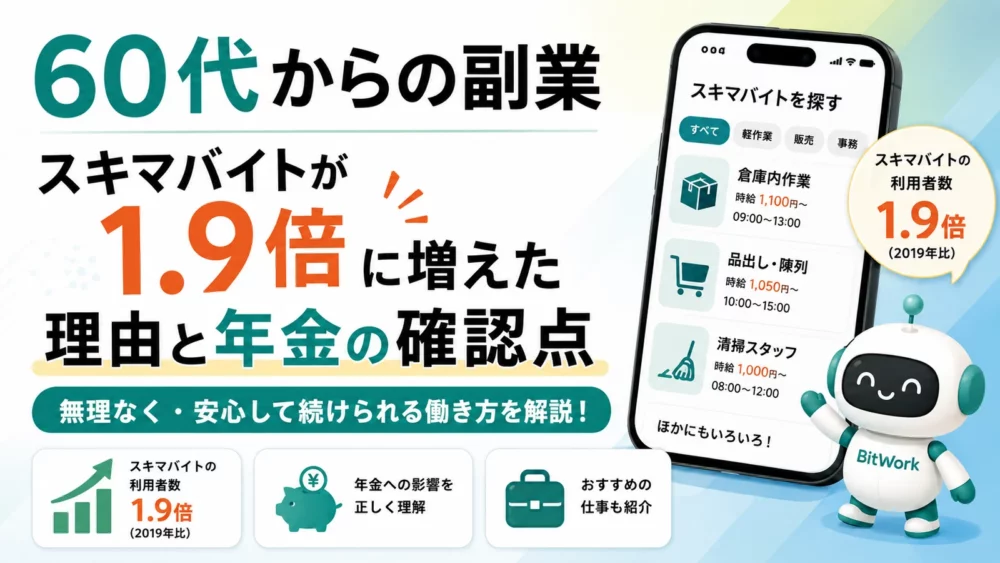 60代からの副業をテーマに、スキマバイトの求人一覧を表示したスマートフォンと、年金の確認点を扱うことを示すタイトル画像