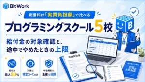 受講料を実質負担額で比べることを示すタイトル画像。給付は最大80%、対象は特定コースのみ、中途解約は法律で保障の3点を掲げている