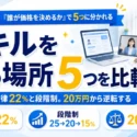 誰が価格を決めるかで5つに分かれることと、手数料が一律22%と段階制で20万円から逆転することを示すタイトル画像