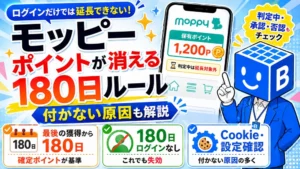 モッピーのポイントは最後の獲得から180日、または180日ログインなしで失効する。判定中は延長にカウントされない