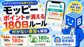モッピーのポイントは最後の獲得から180日、または180日ログインなしで失効する。判定中は延長にカウントされない